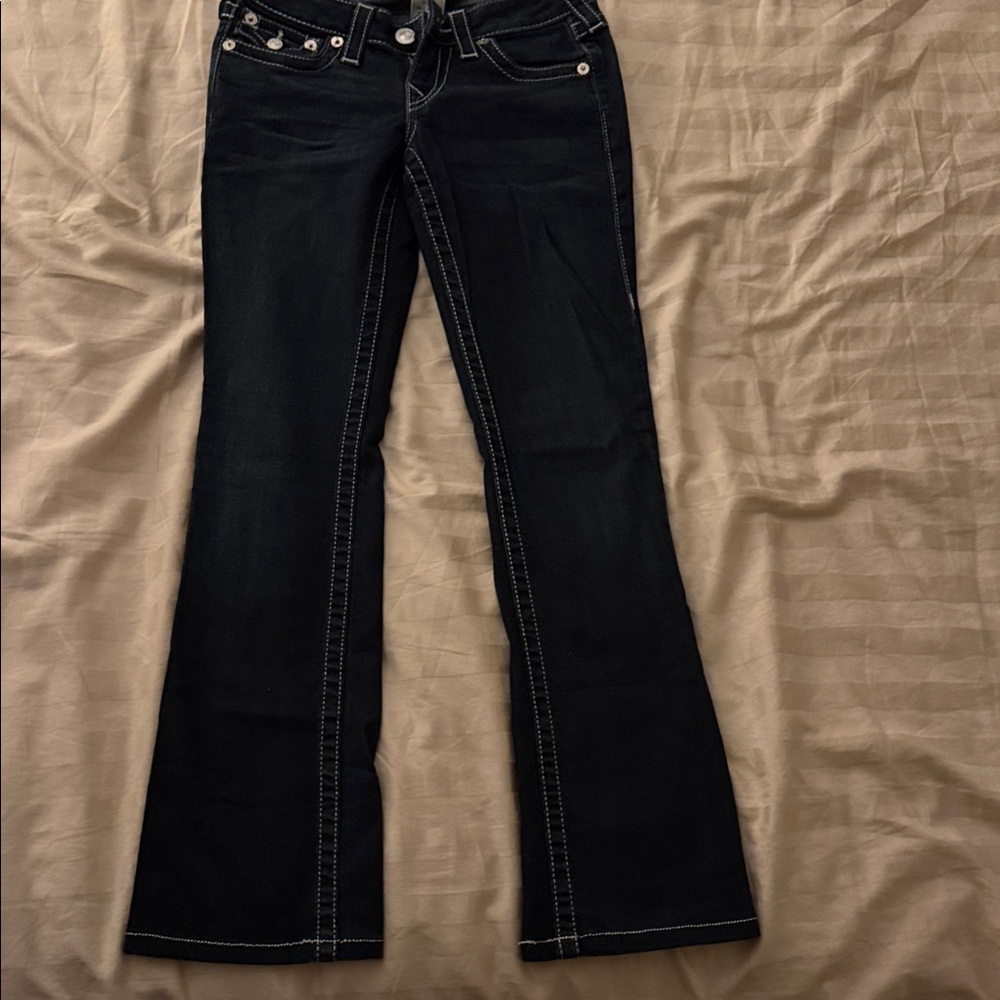True Religion Black Flared Jeans with White Contrast Stitching